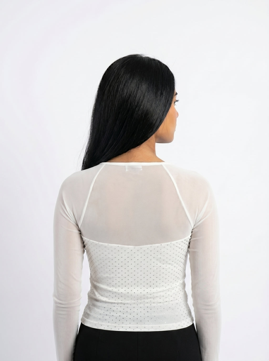 Rhinestone Embellished Mesh Sleeve Top for Women