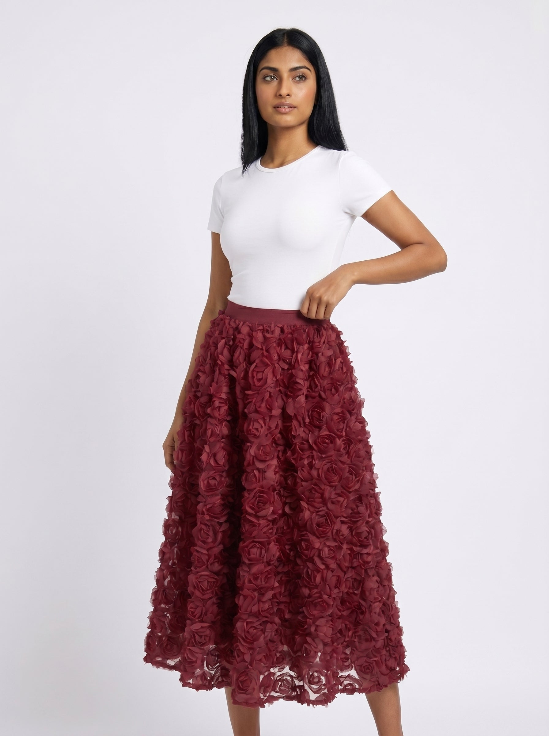 3D Floral Rosette Midi Skirt for Women