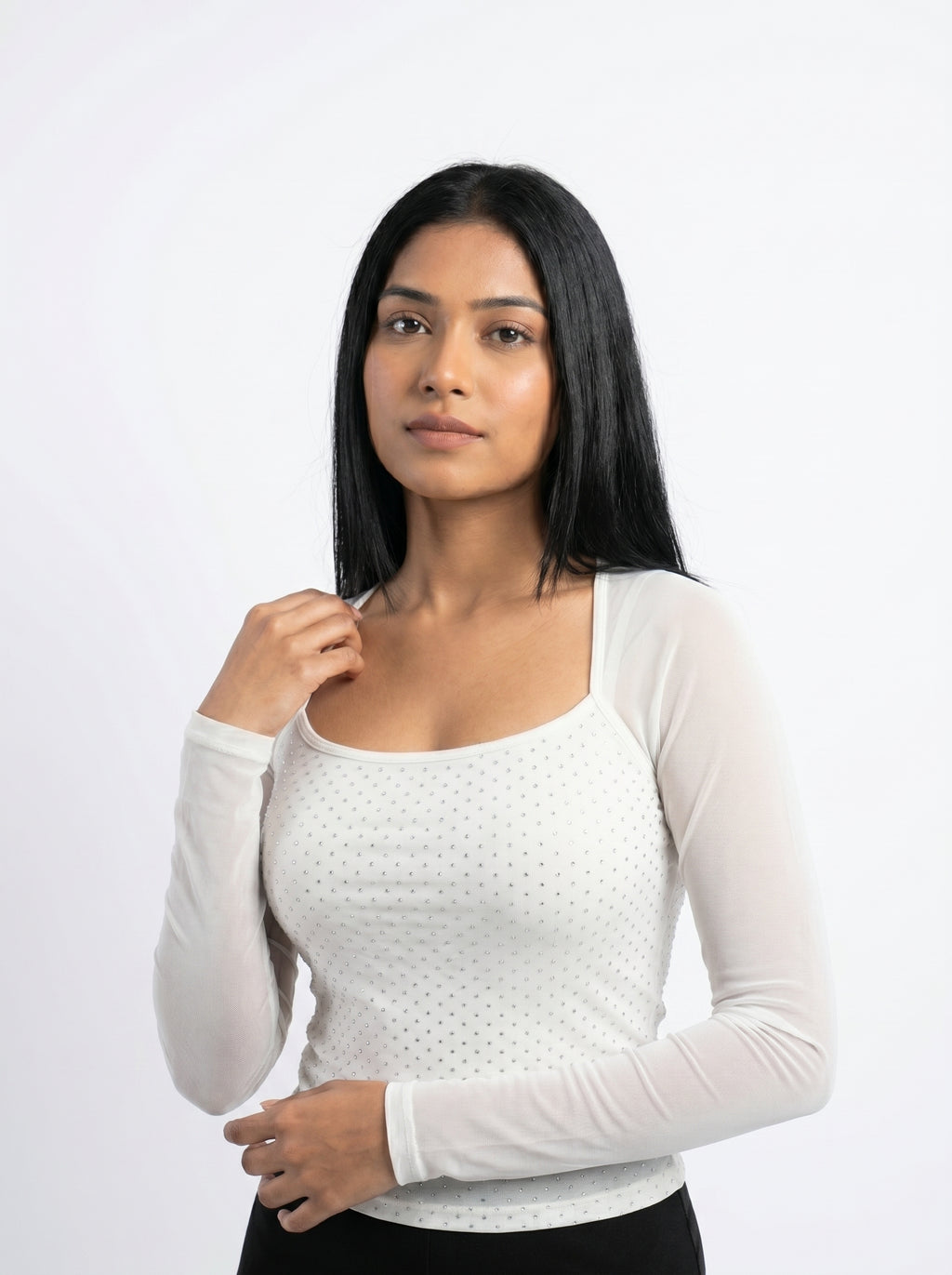 Rhinestone Embellished Mesh Sleeve Top for Women