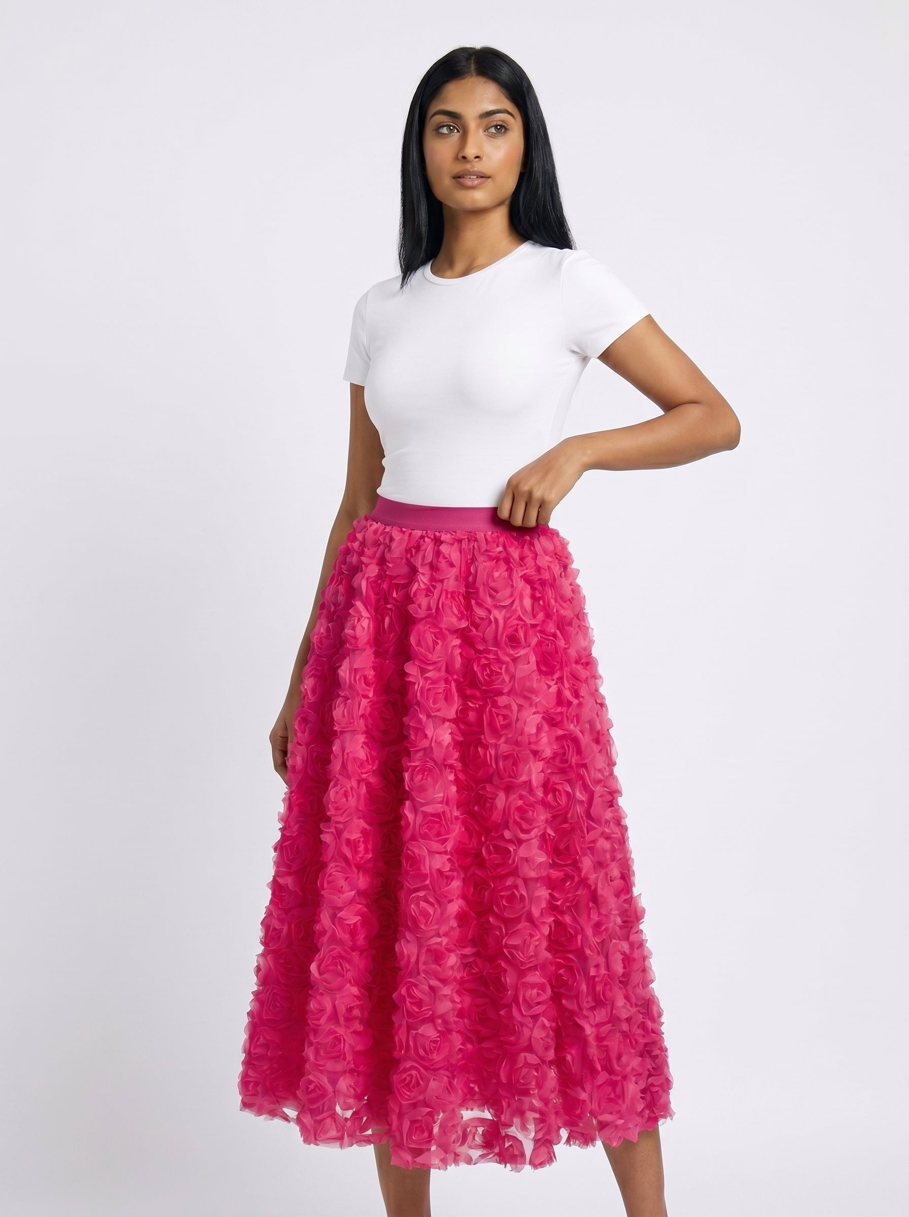 3D Floral Rosette Midi Skirt for Women