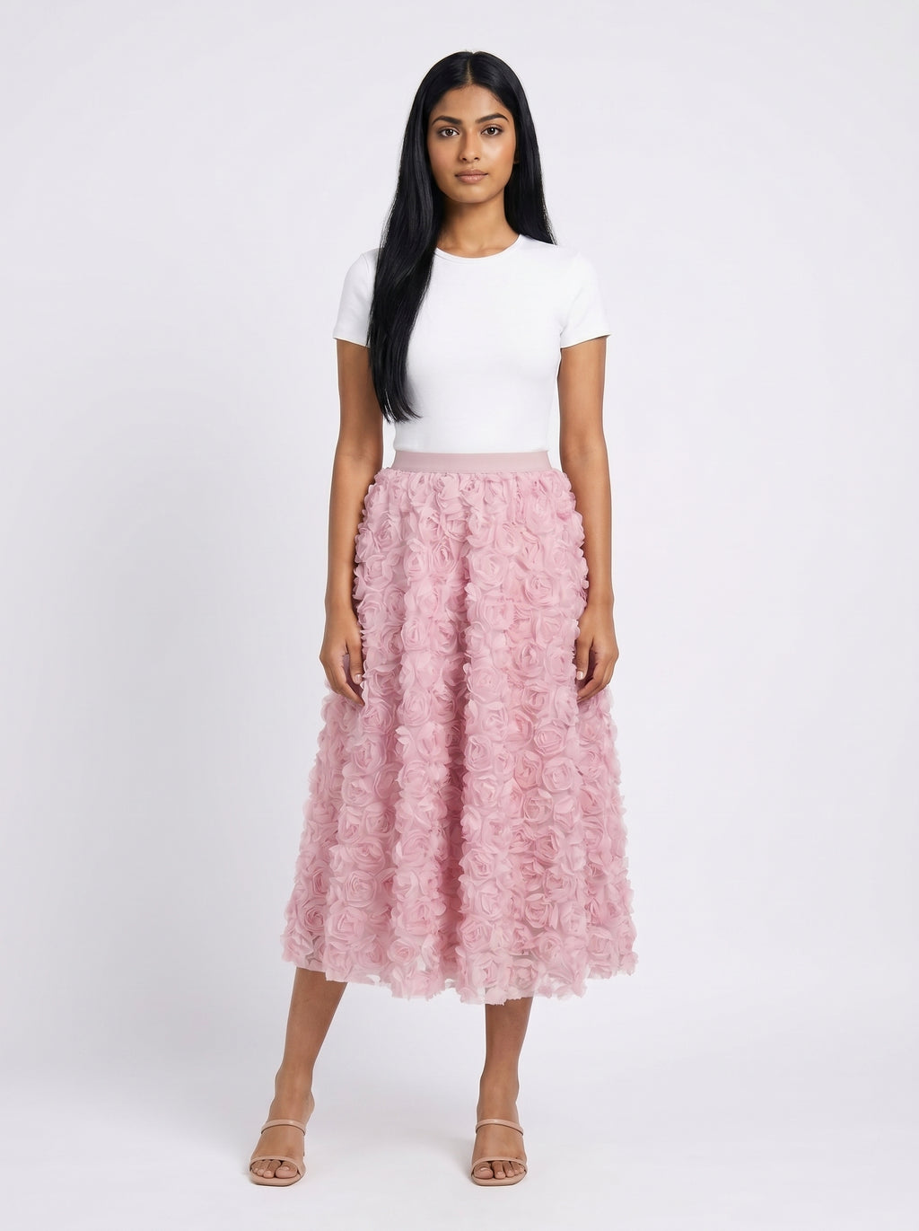 3D Floral Rosette Midi Skirt for Women