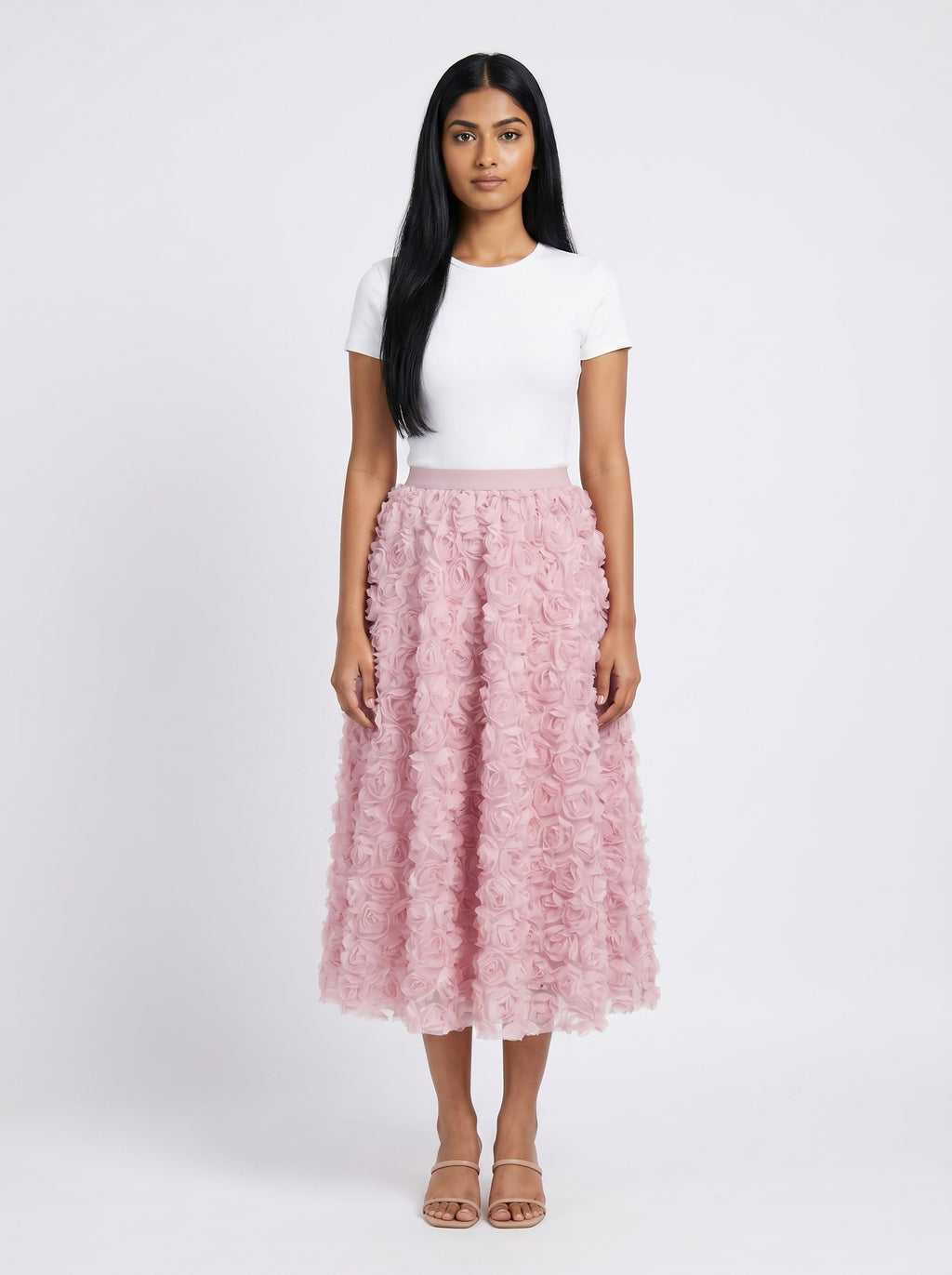 3D Floral Rosette Midi Skirt for Women