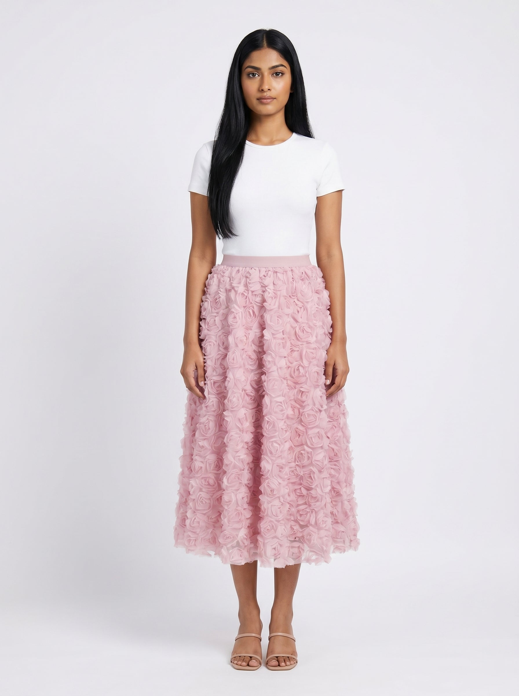 3D Floral Rosette Midi Skirt for Women