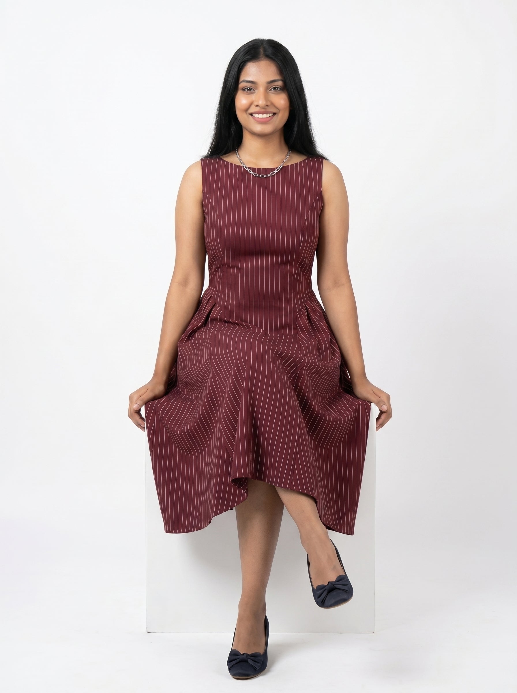 Sleeveless Pinstripe Fit & Flare Midi Dress