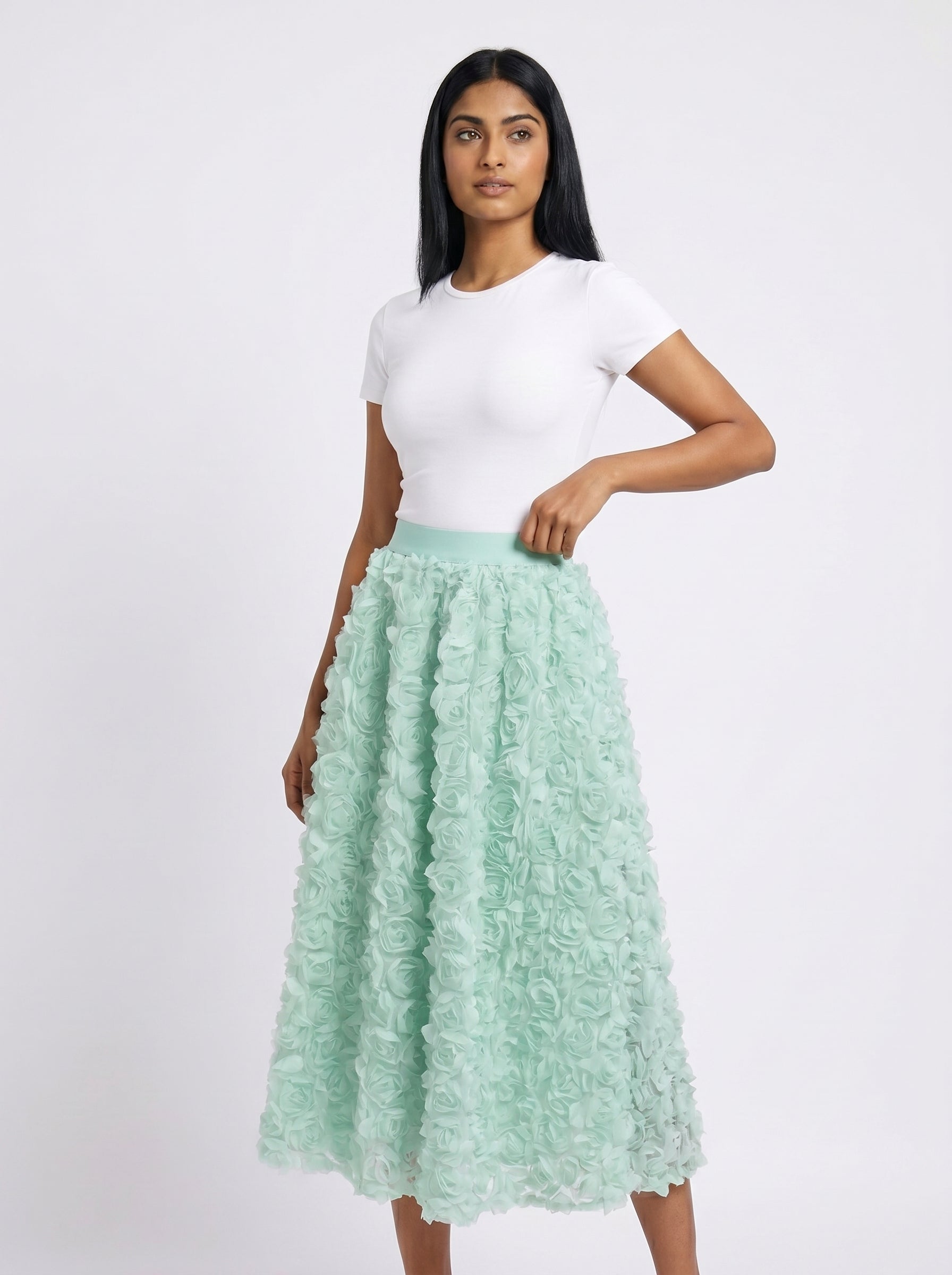 3D Floral Rosette Midi Skirt for Women