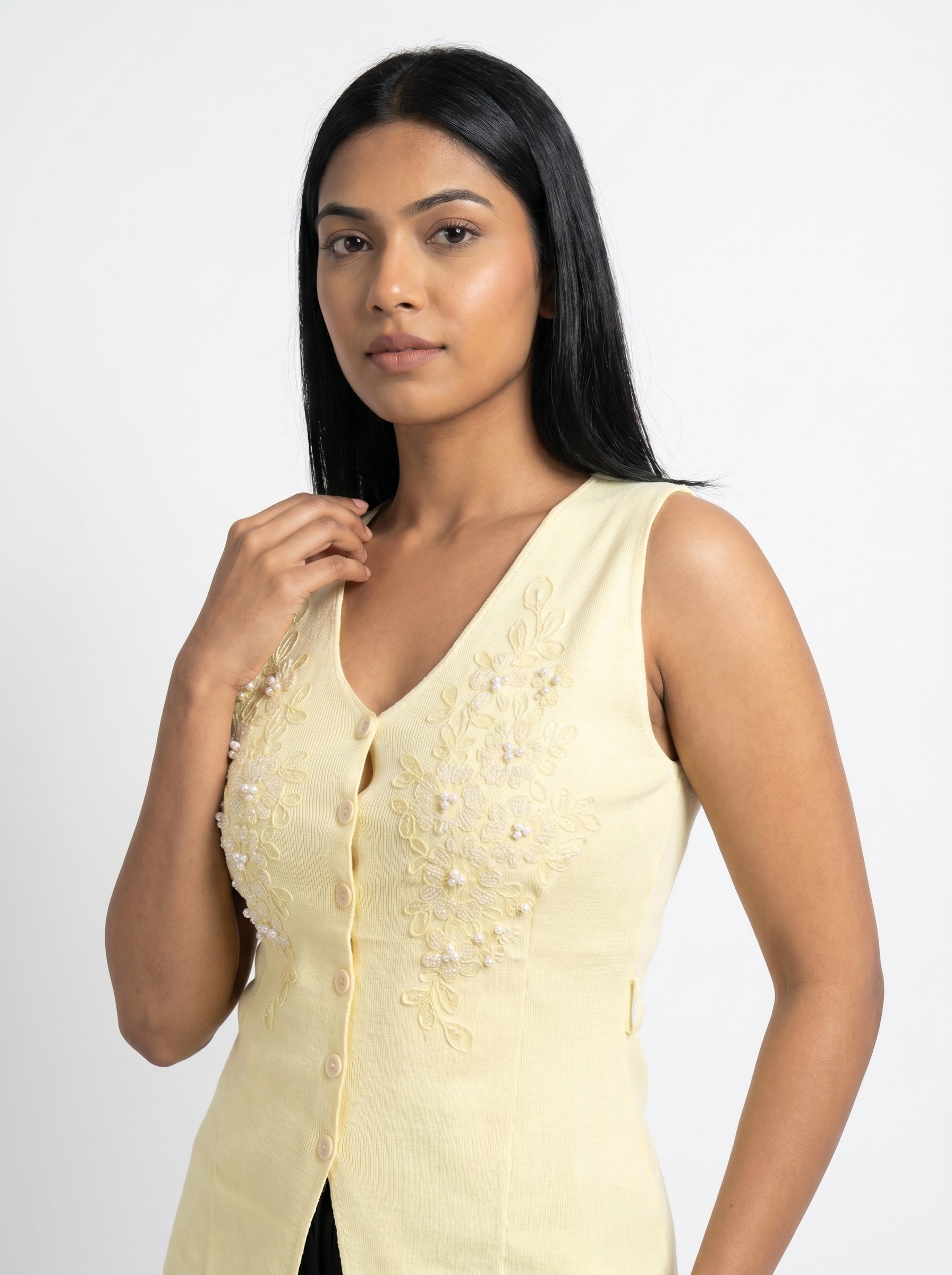 Floral Embroidered Pearl Detail Knit Top for Women
