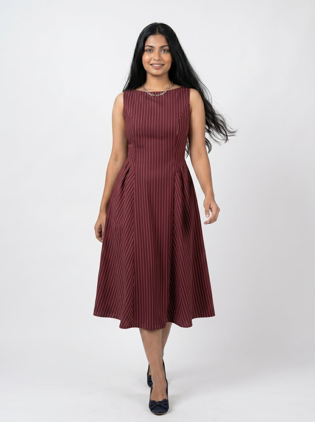 Sleeveless Pinstripe Fit & Flare Midi Dress