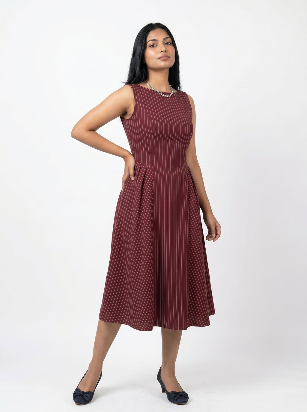 Sleeveless Pinstripe Fit & Flare Midi Dress