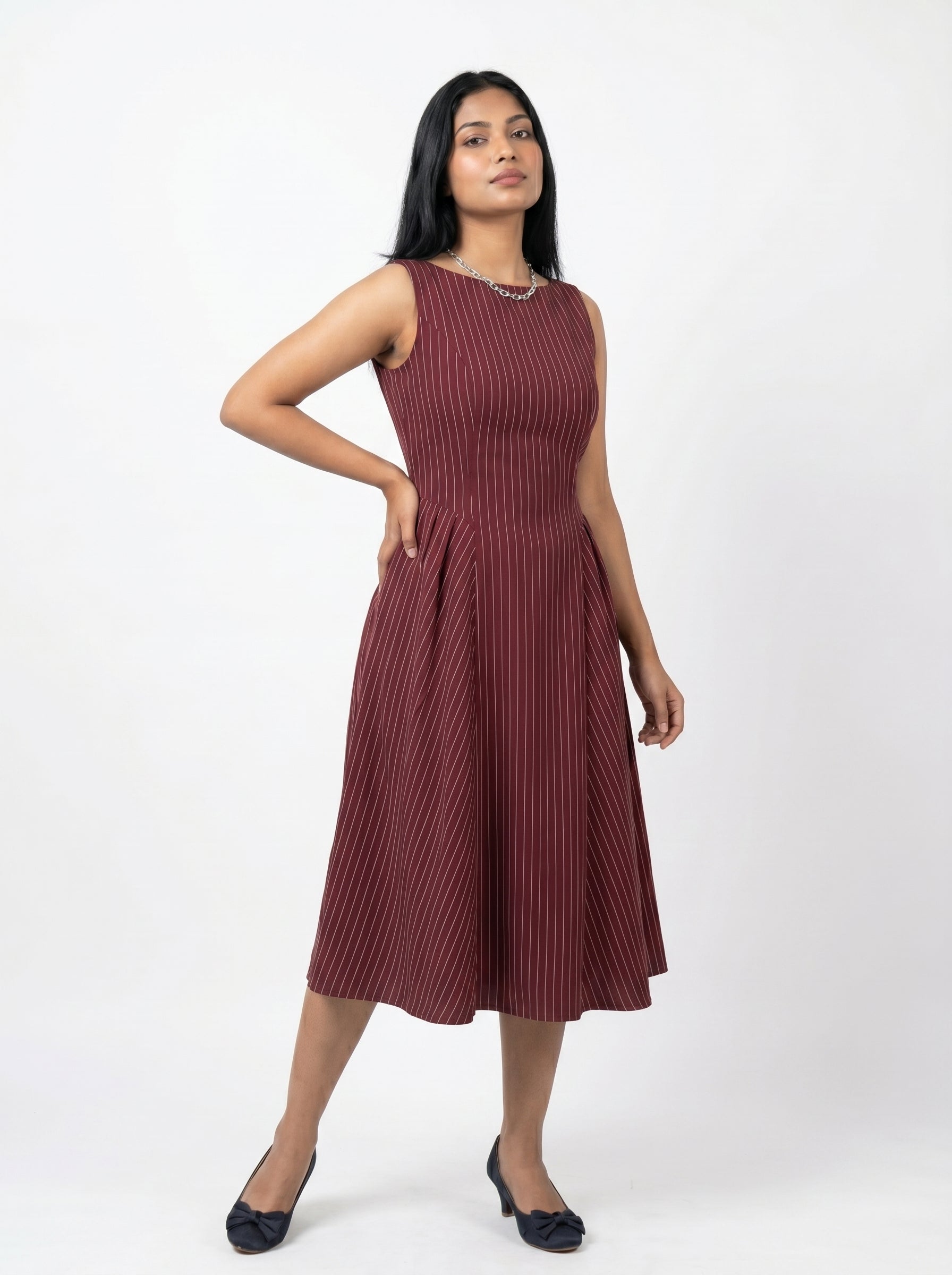 Sleeveless Pinstripe Fit & Flare Midi Dress