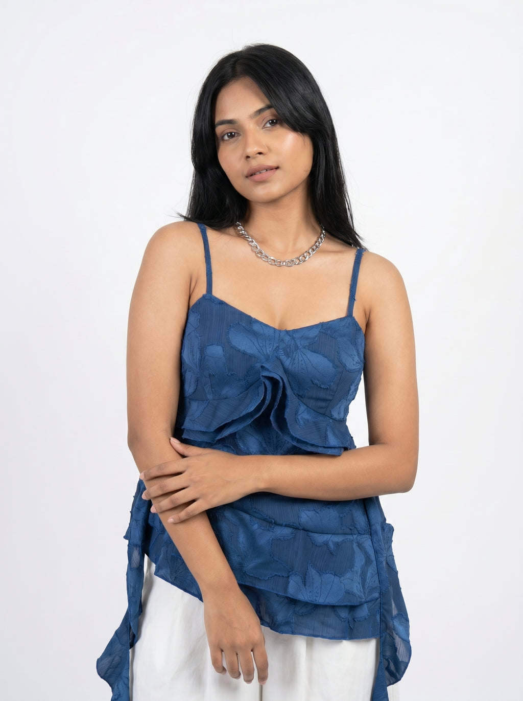 Floral Jacquard Ruffle Cascade Cami Top for Women