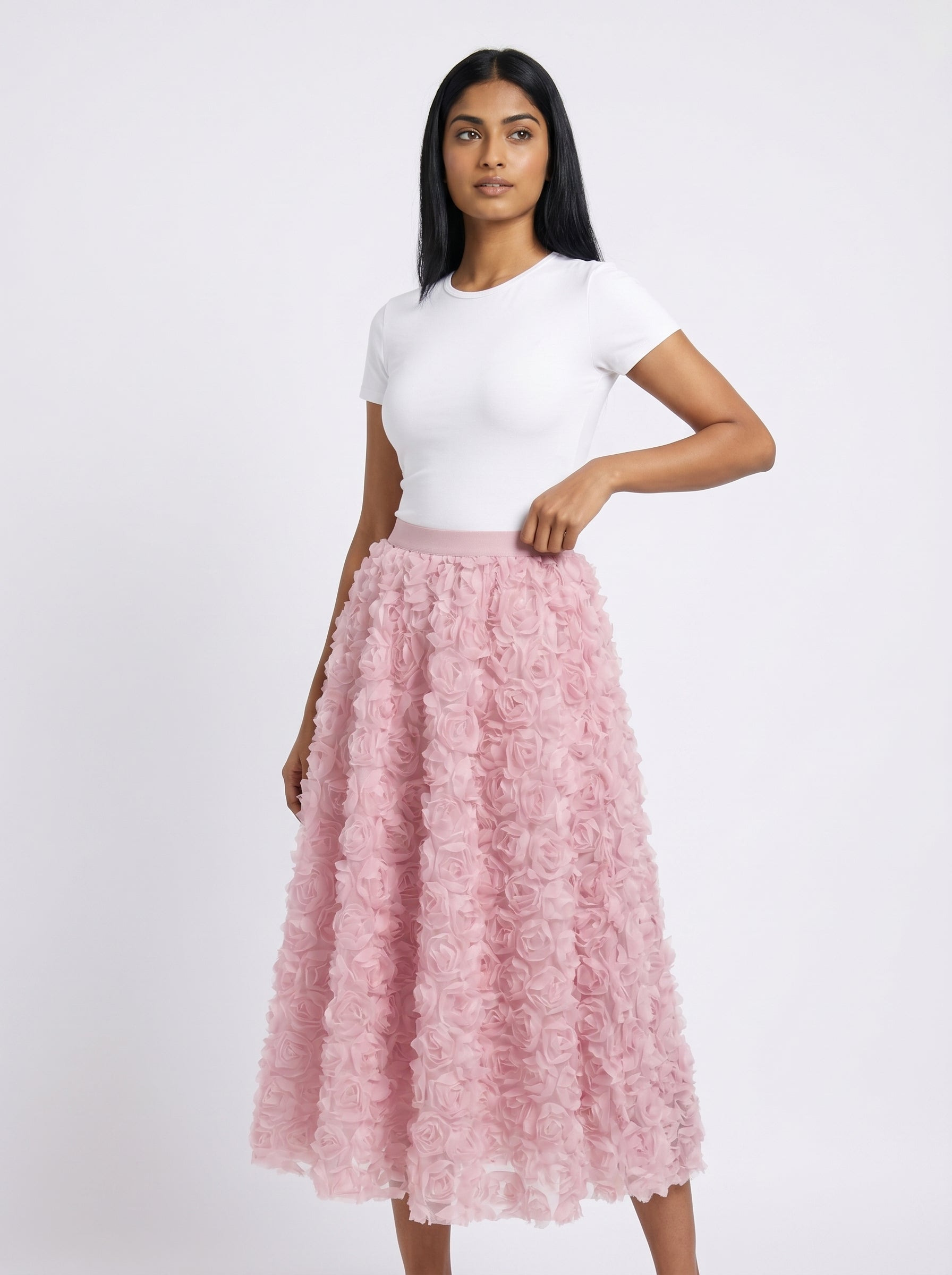 3D Floral Rosette Midi Skirt for Women