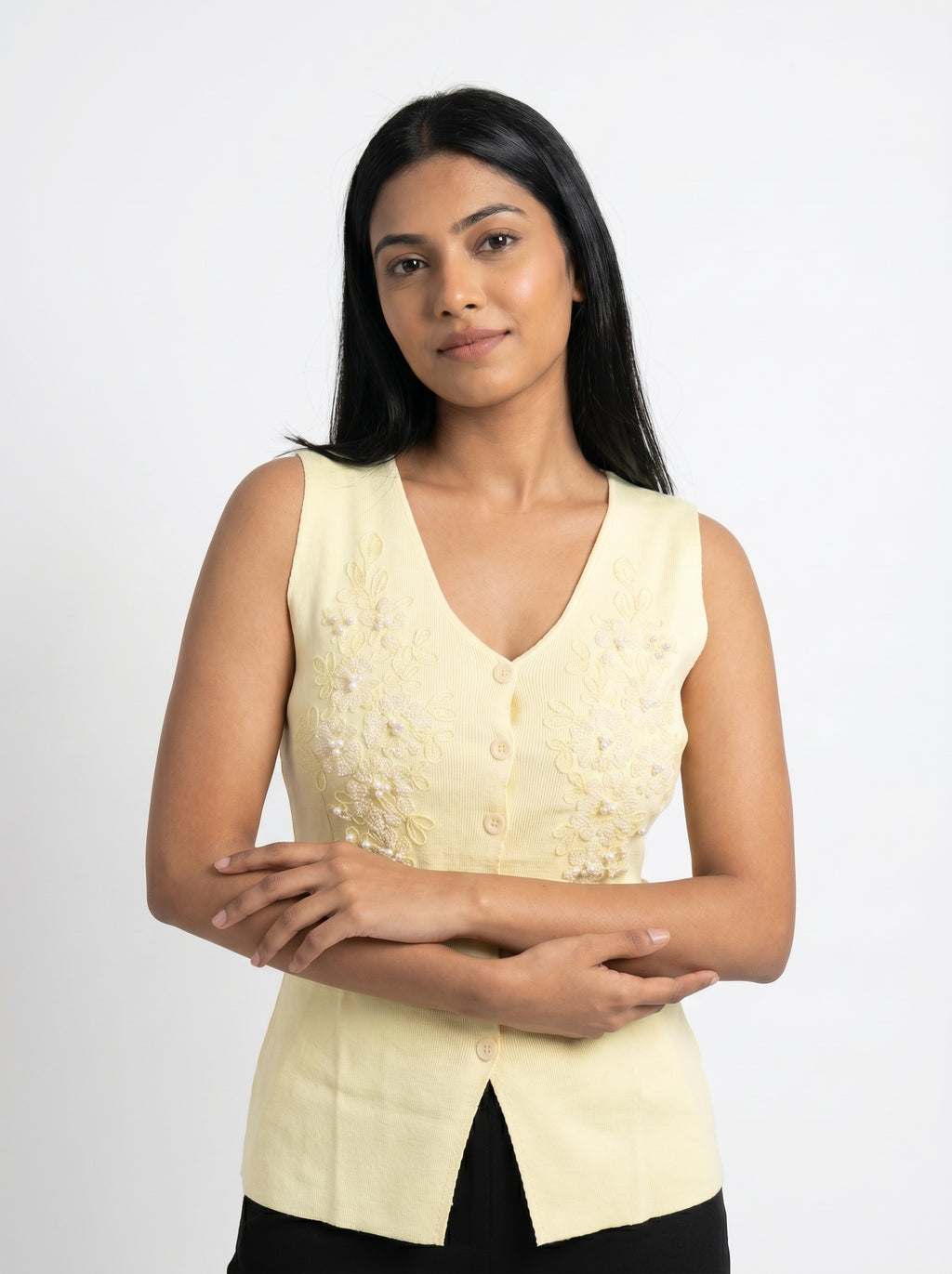 Floral Embroidered Pearl Detail Knit Top for Women