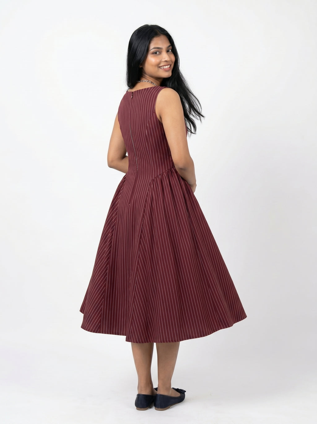 Sleeveless Pinstripe Fit & Flare Midi Dress