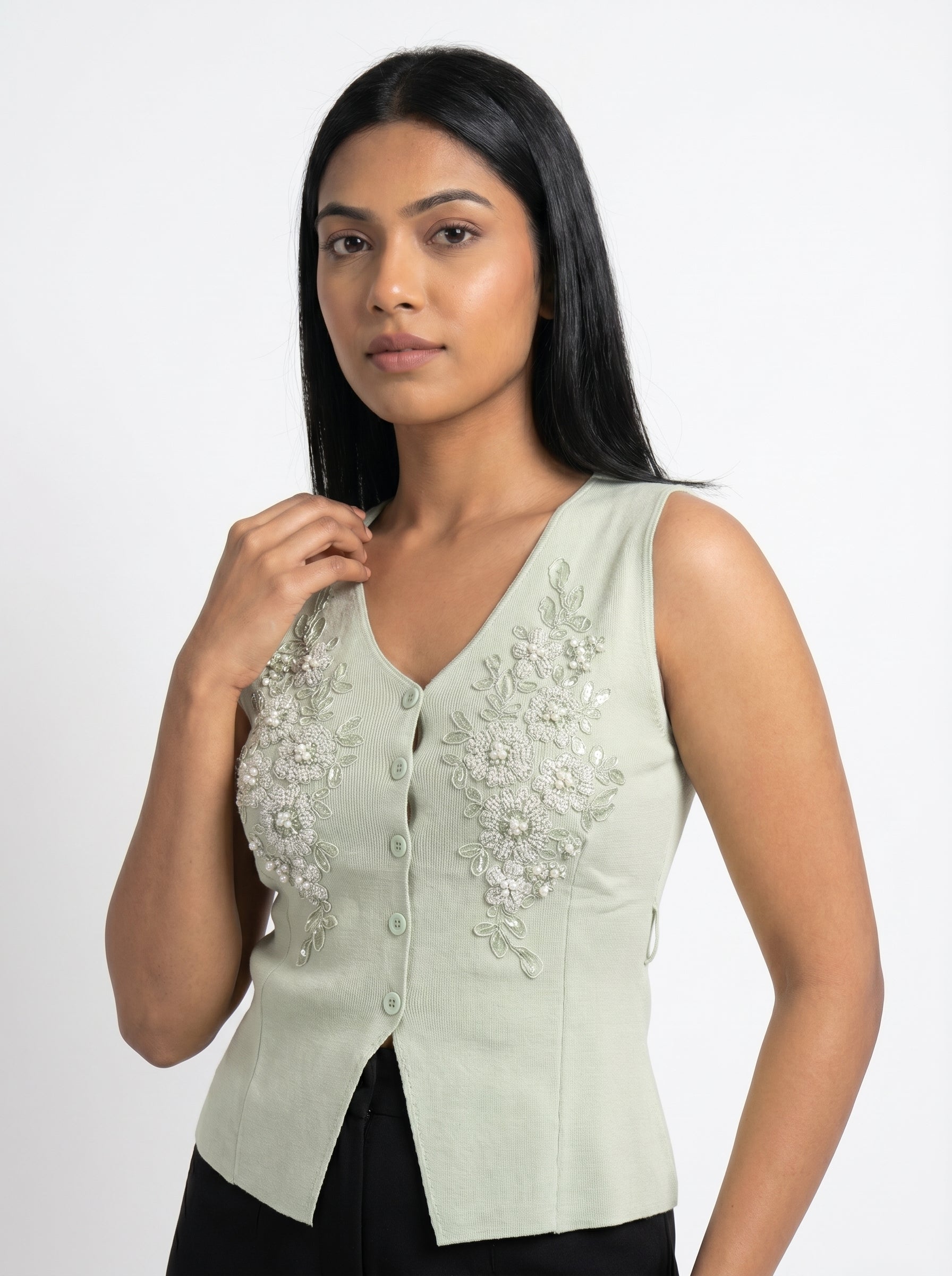 Floral Embroidered Pearl Detail Knit Top for Women