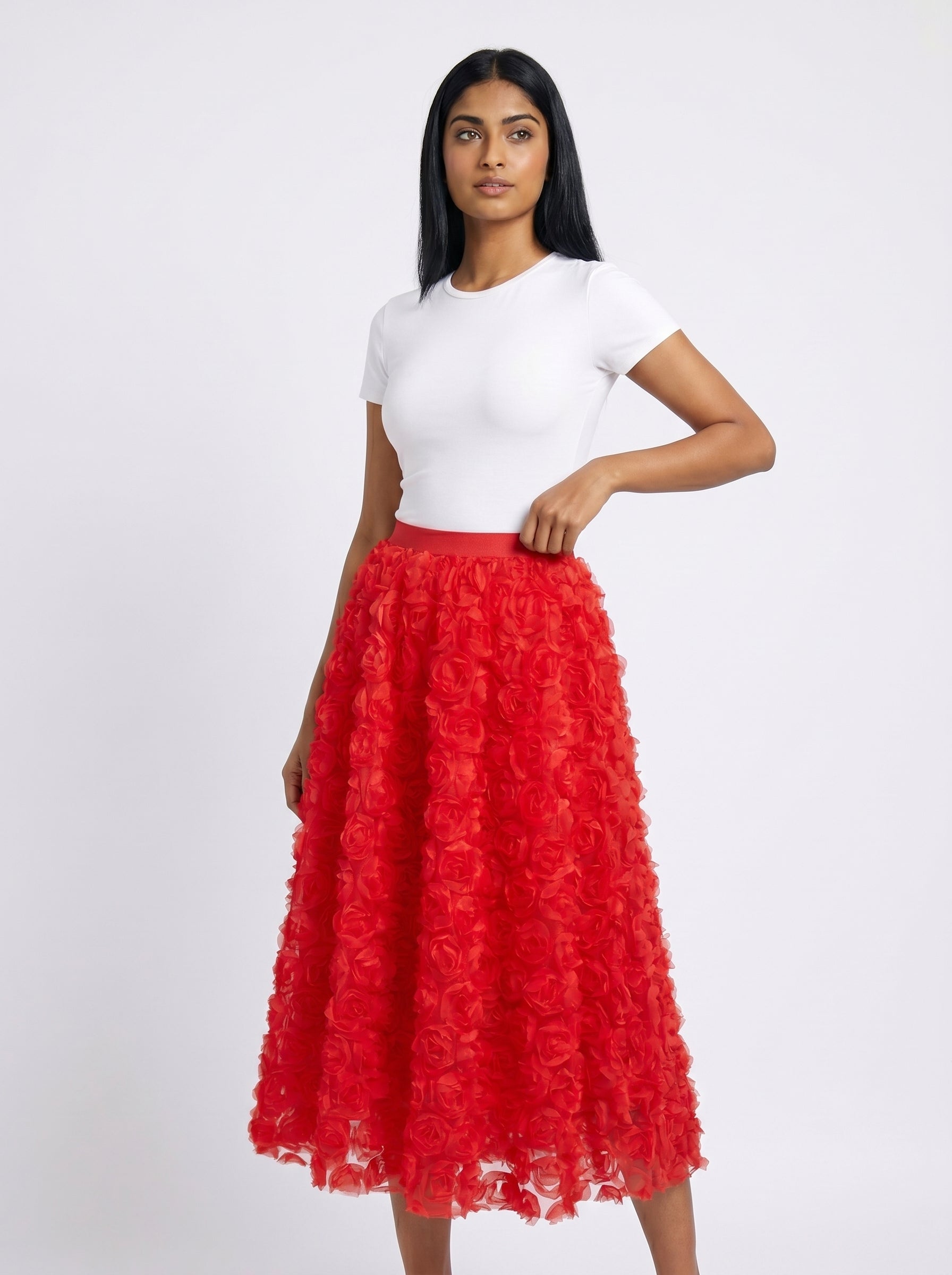 3D Floral Rosette Midi Skirt for Women