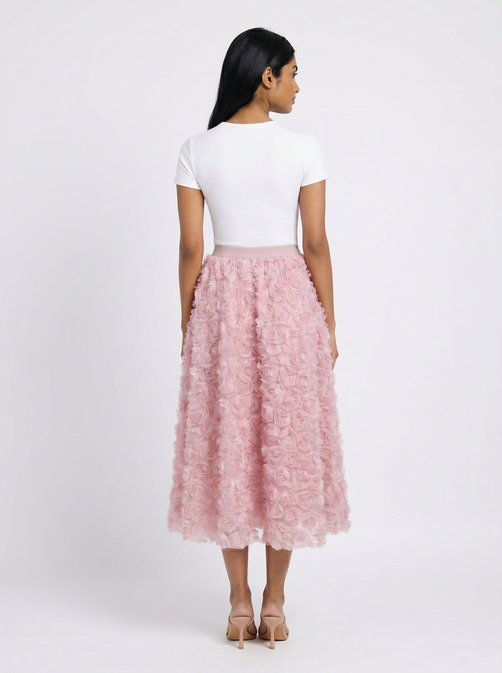 3D Floral Rosette Midi Skirt for Women