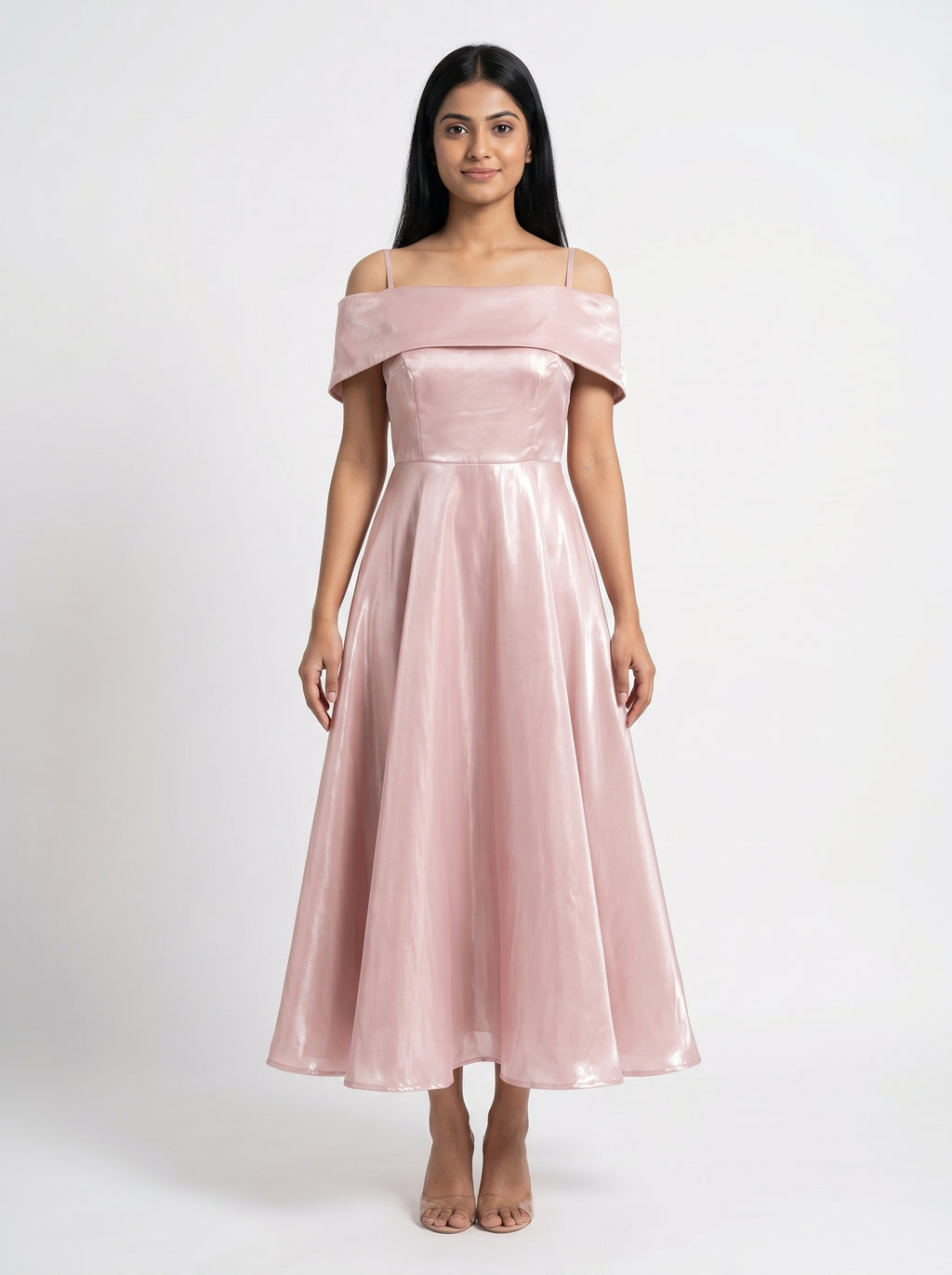 Baby Pink Satin Off-Shoulder Midi Dress for Women - Grlboss Fashion Store