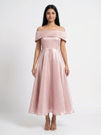 Baby Pink Satin Off-Shoulder Midi Dress for Women - Grlboss Fashion Store