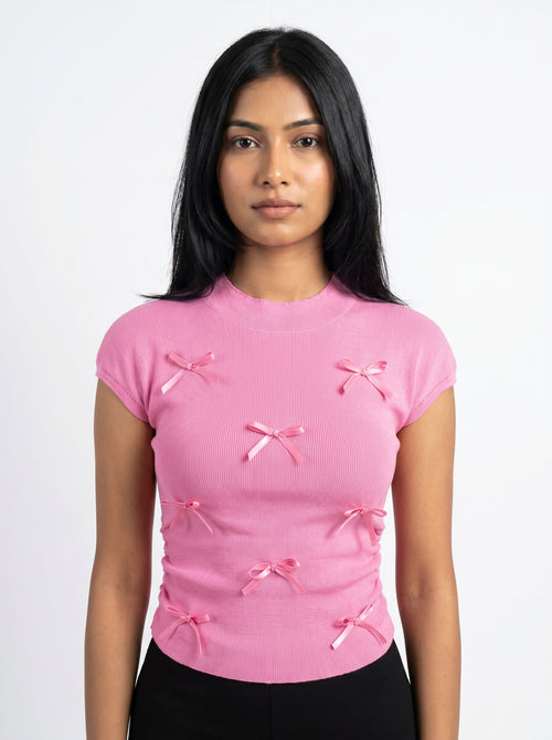 Bow Detail Ribbed Knit Top for Women