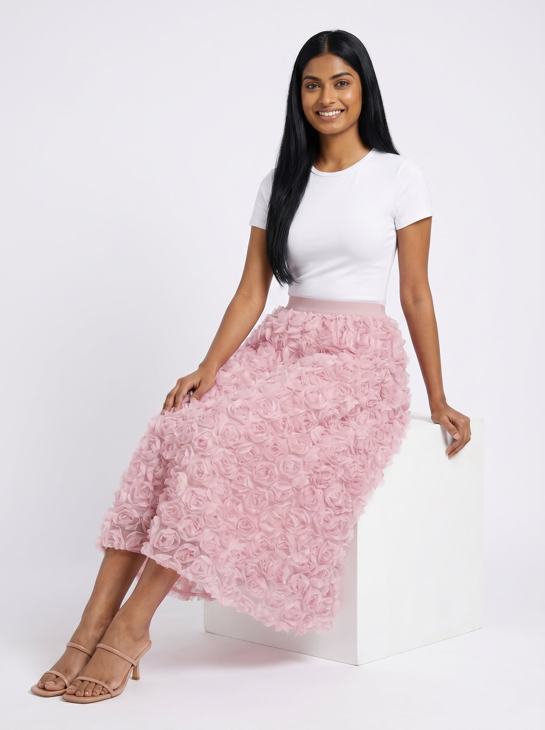 3D Floral Rosette Midi Skirt for Women