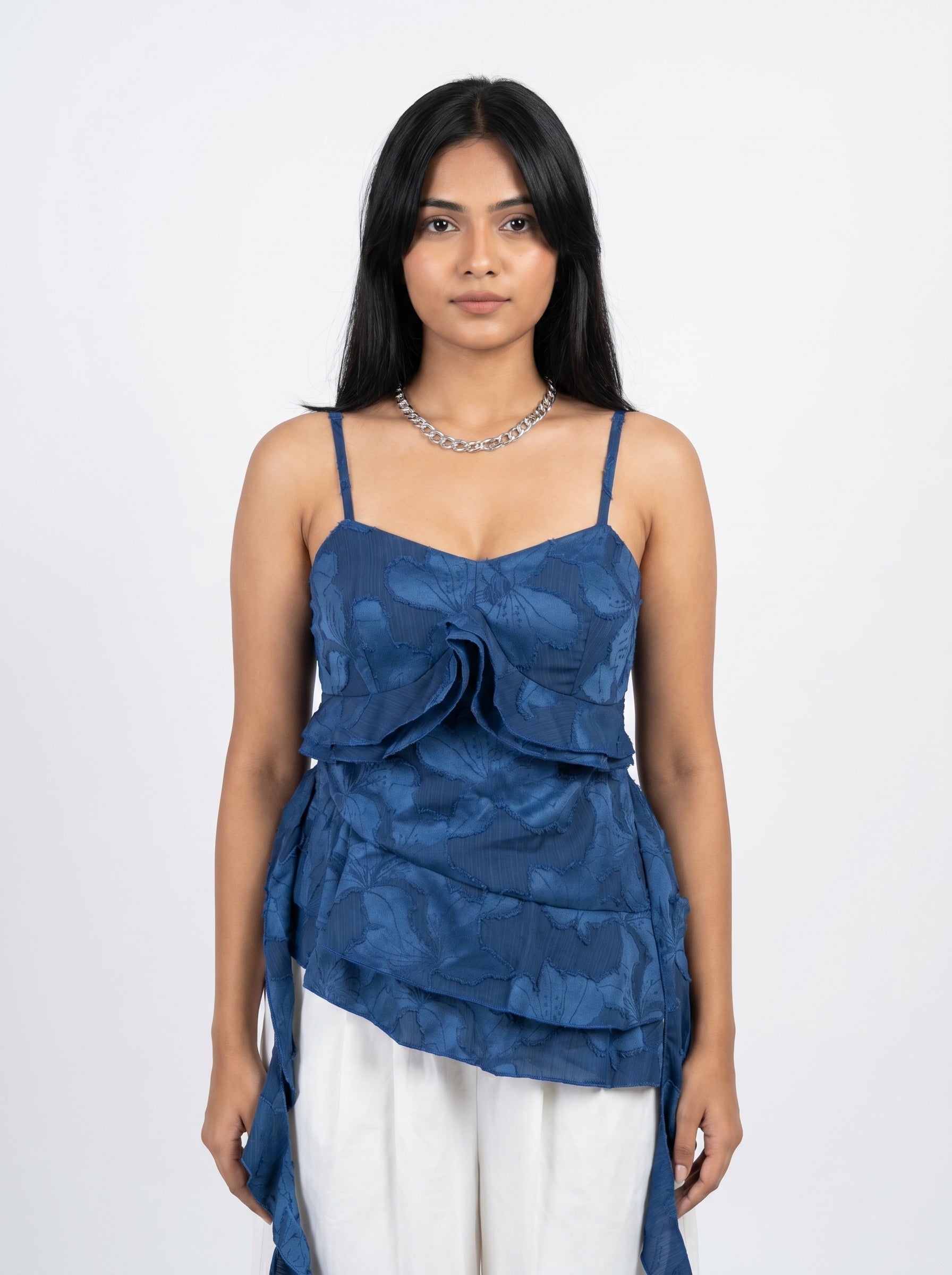 Floral Jacquard Ruffle Cascade Cami Top for Women