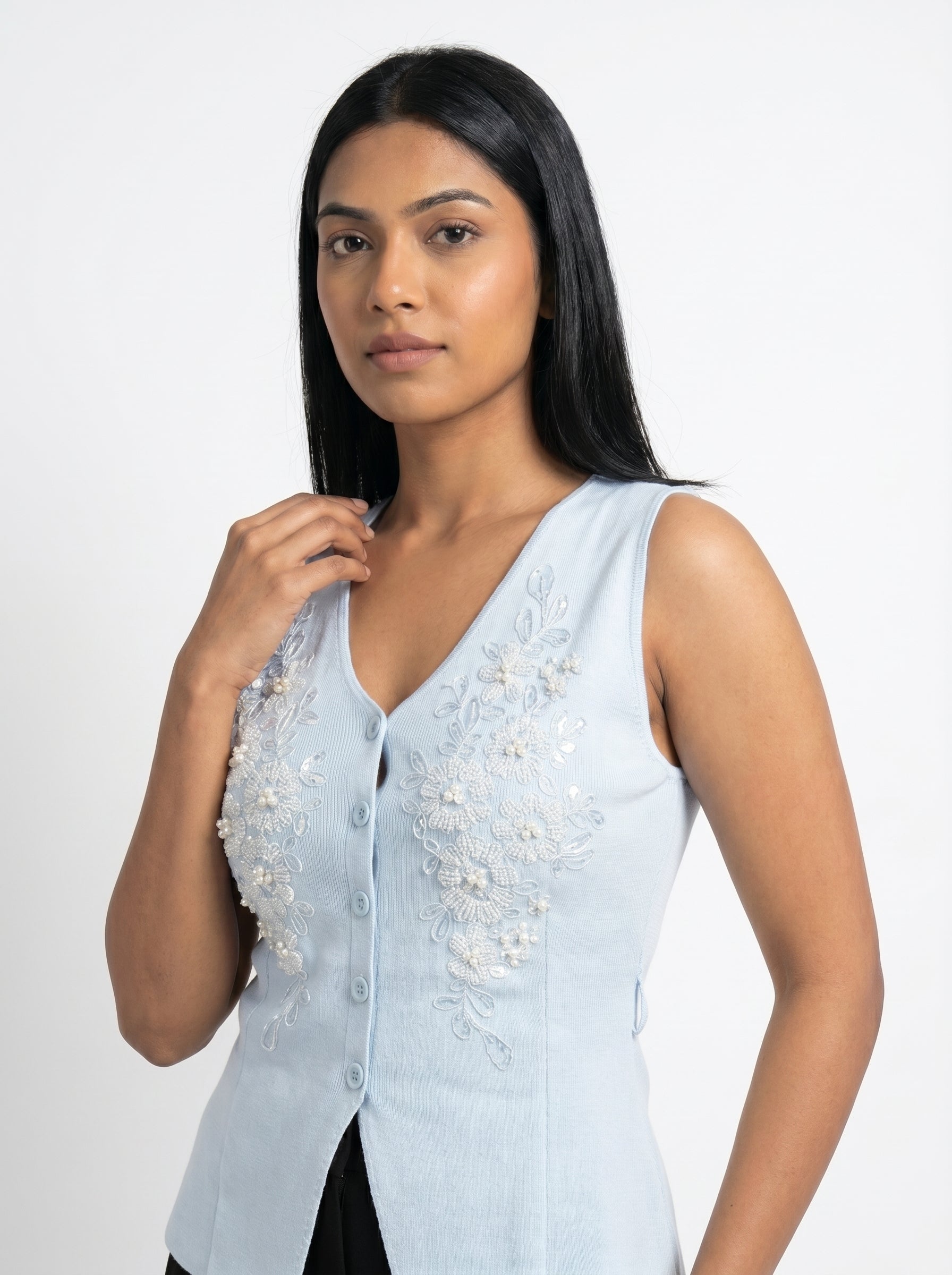 Floral Embroidered Pearl Detail Knit Top for Women