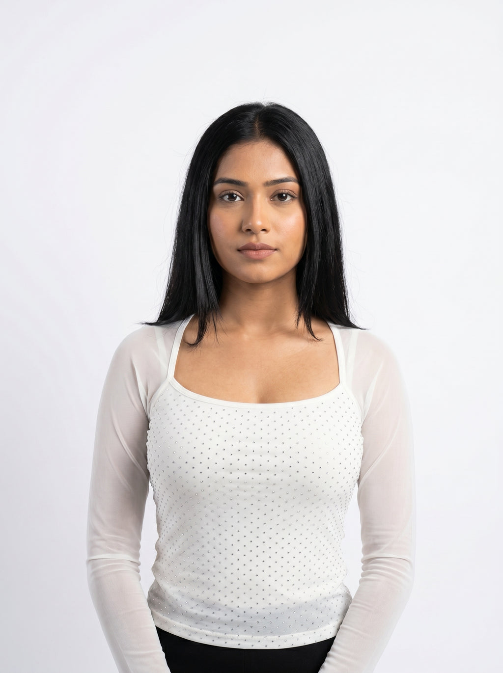 Rhinestone Embellished Mesh Sleeve Top for Women