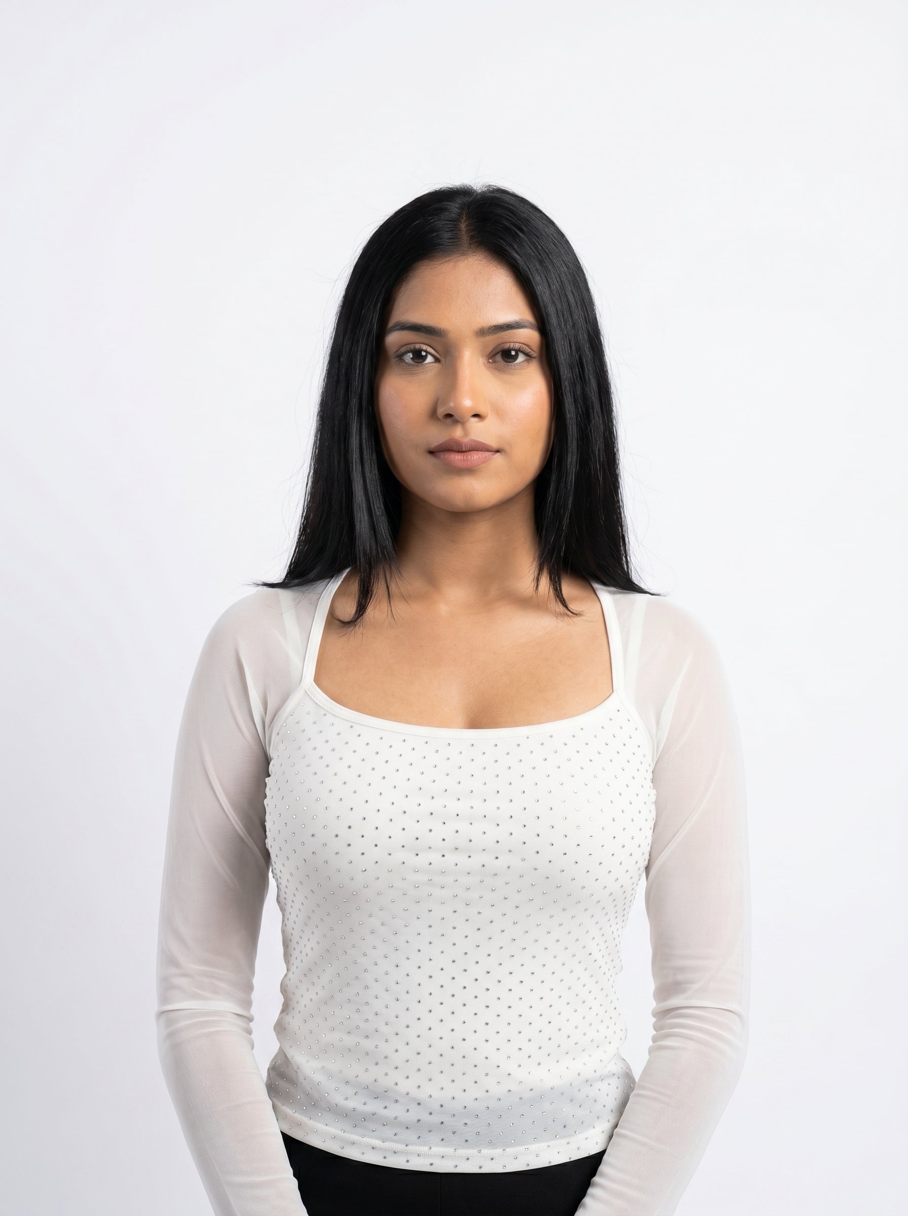 Rhinestone Embellished Mesh Sleeve Top for Women