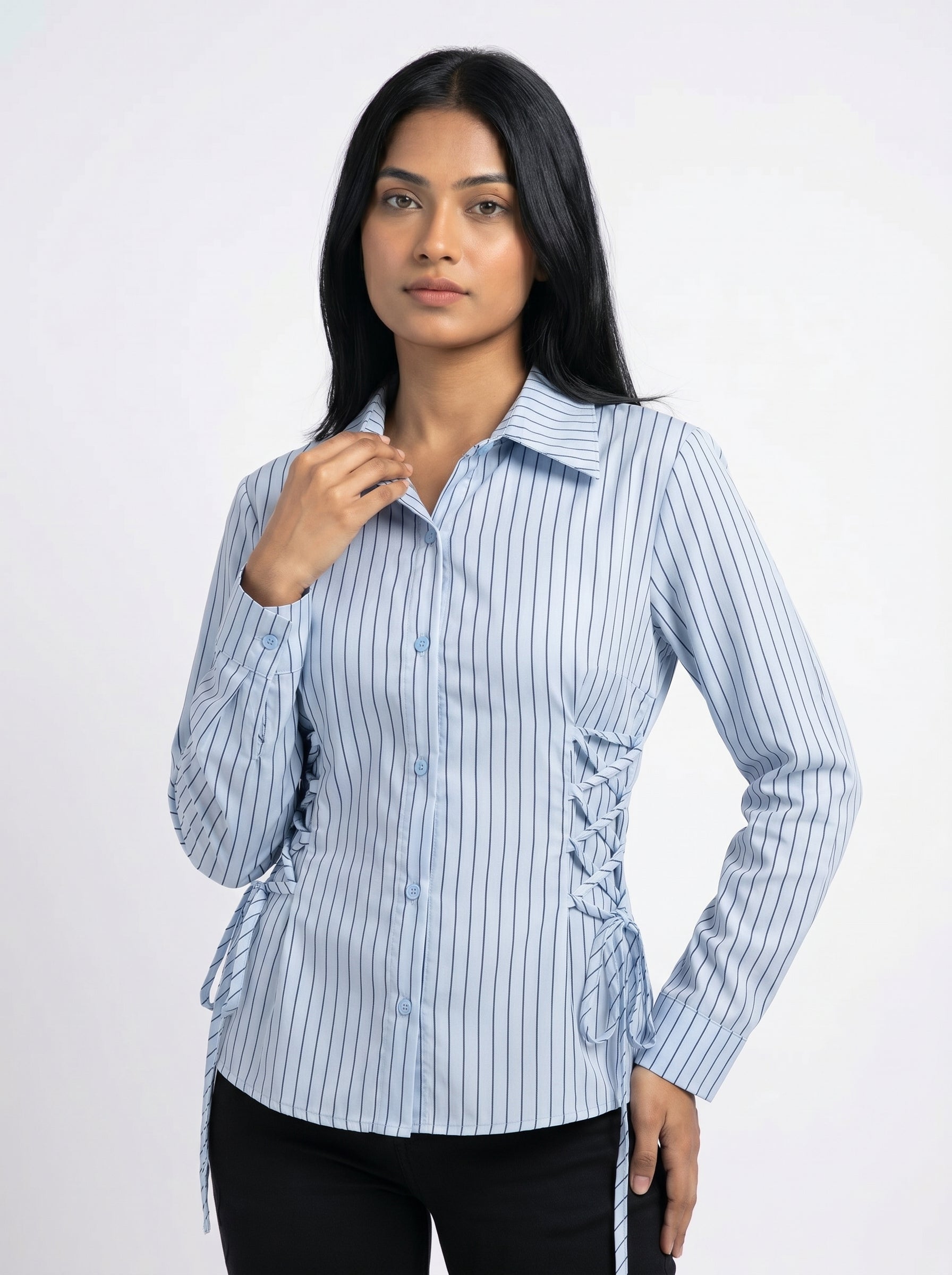 Pinstripe Tie-Up Shirt for Women