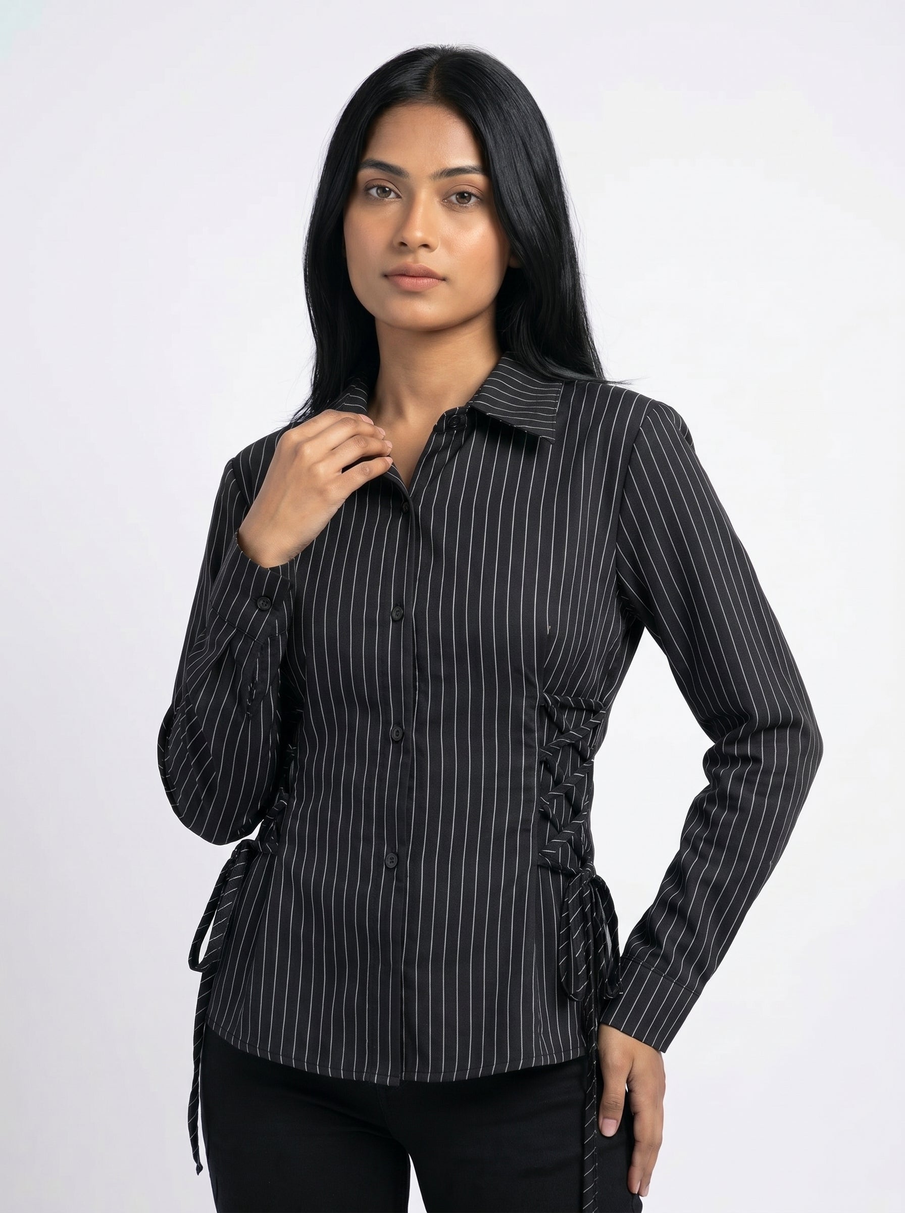 Pinstripe Tie-Up Shirt for Women