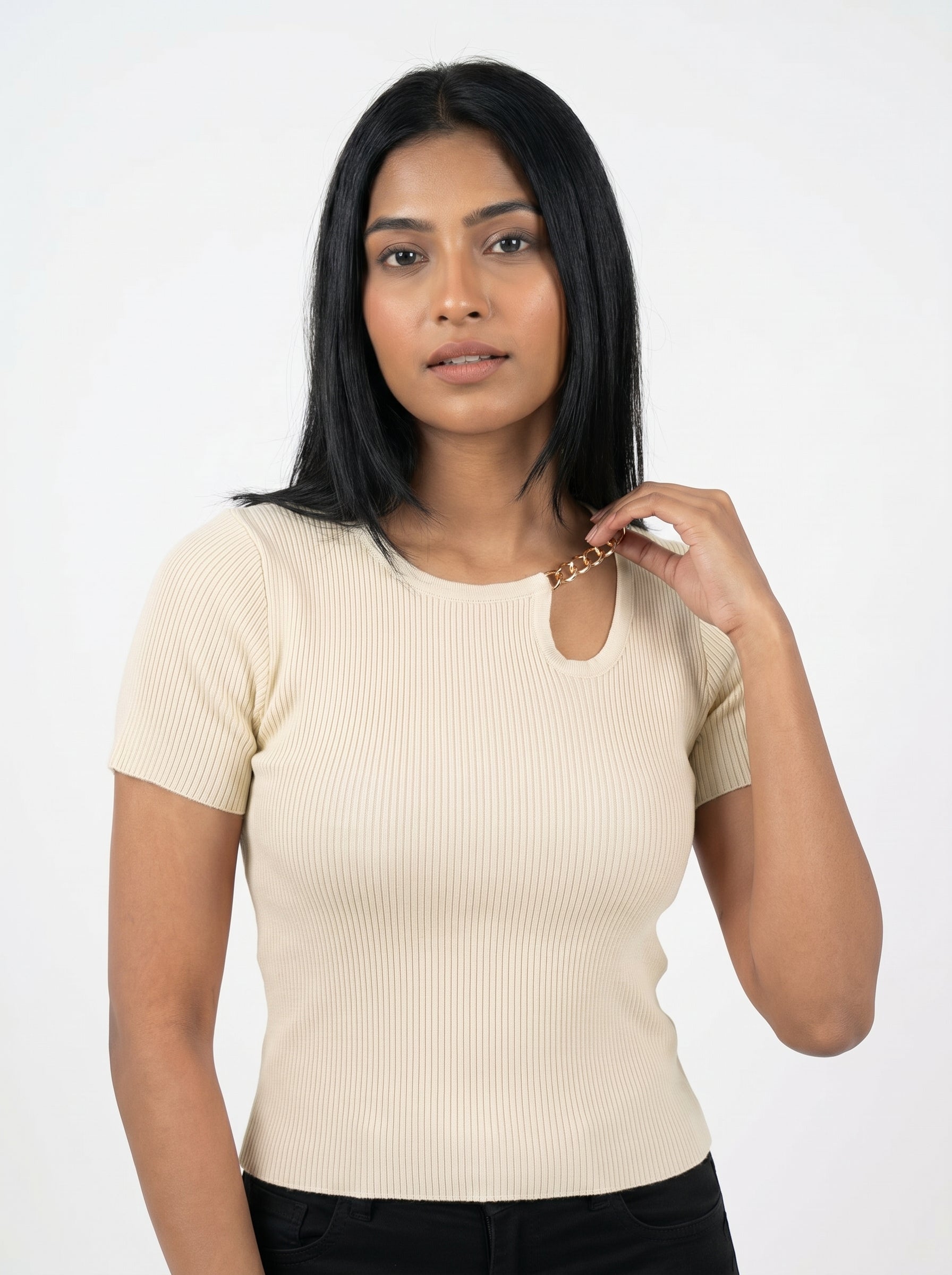 Chain Detail Ribbed Knit Top for Women