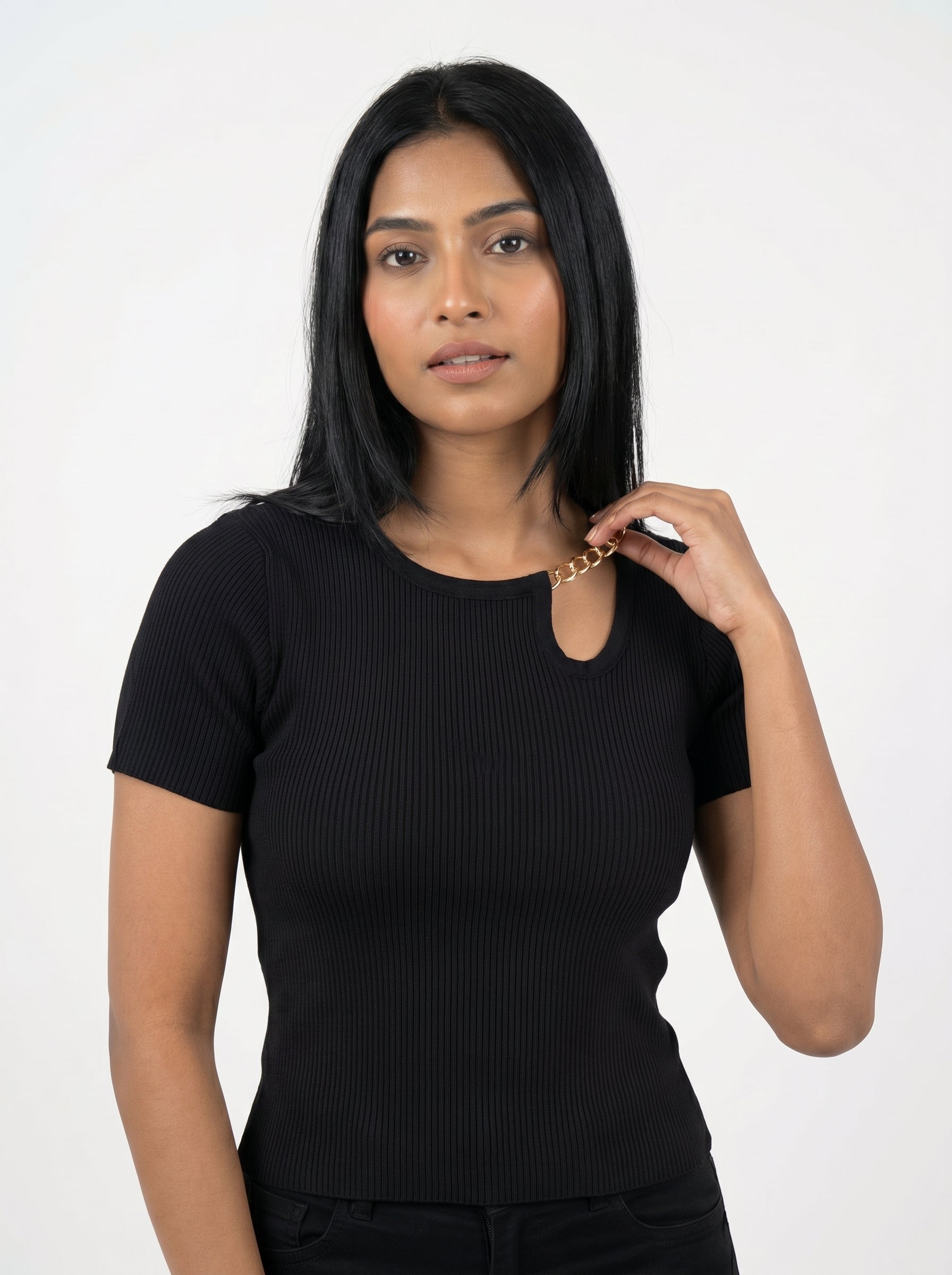 Chain Detail Ribbed Knit Top for Women