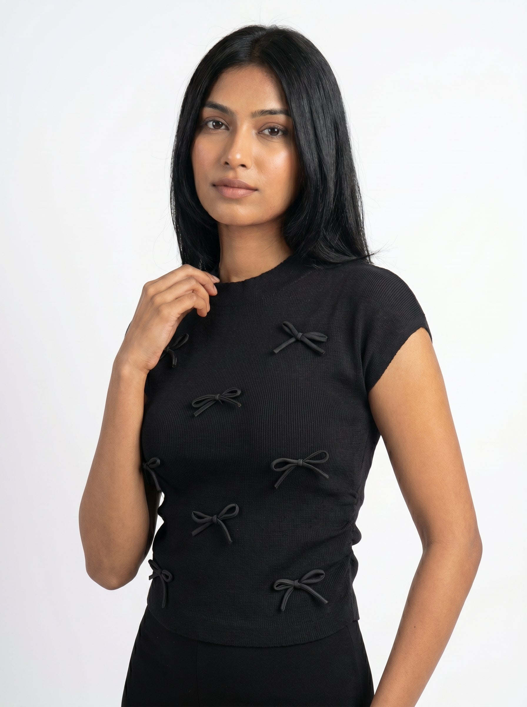 Bow Detail Ribbed Knit Top for Women