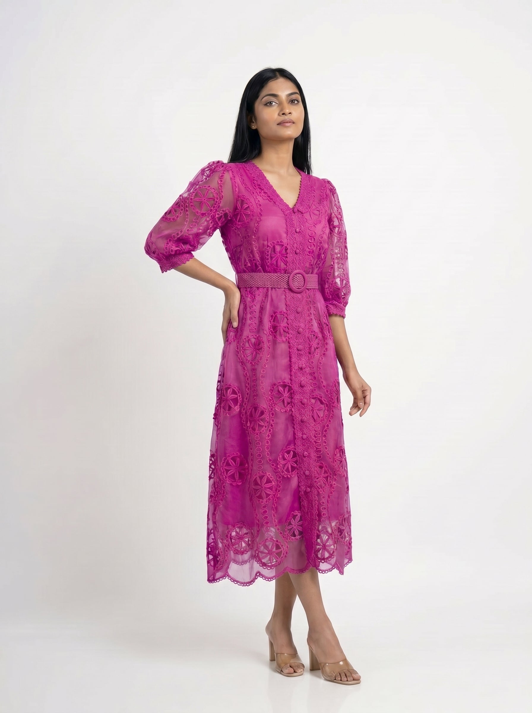 Embroidered Lace Midi Dress for Women