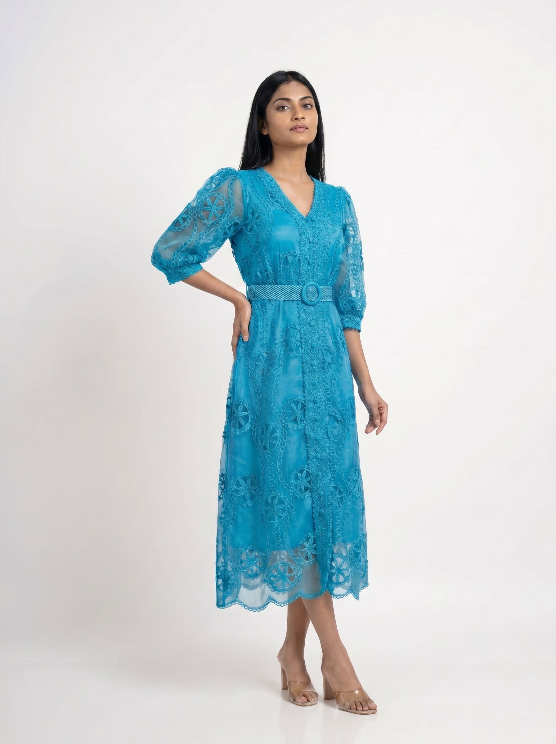 Embroidered Lace Midi Dress for Women