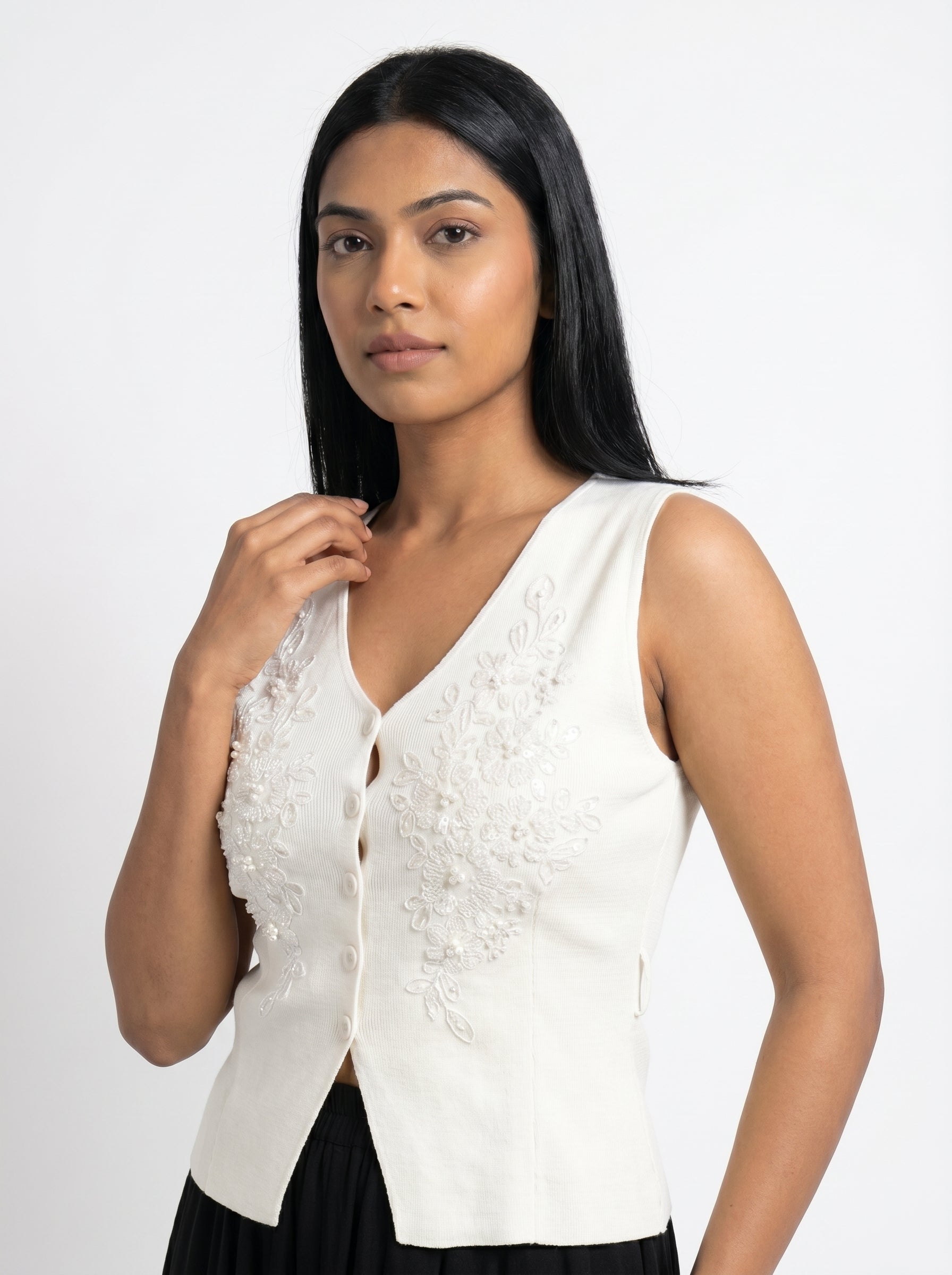Floral Embroidered Pearl Detail Knit Top for Women
