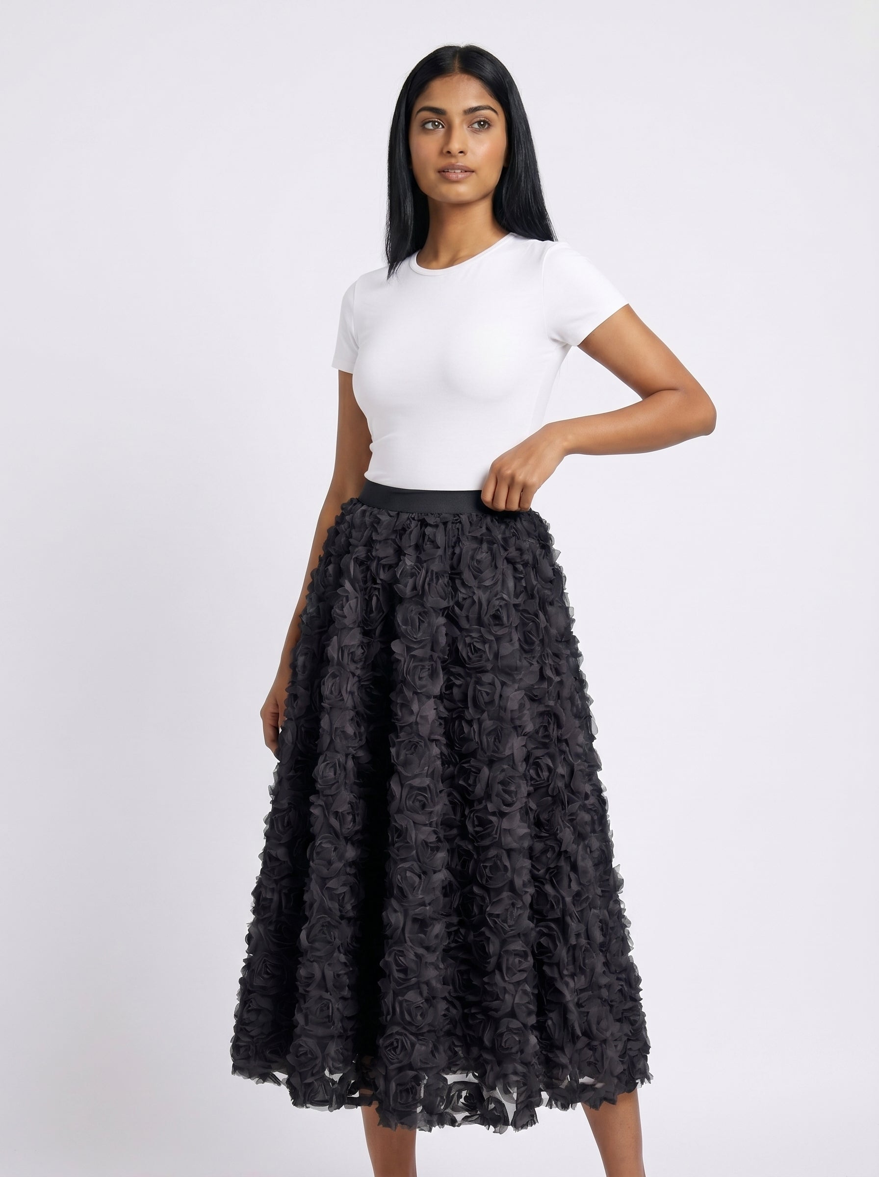 3D Floral Rosette Midi Skirt for Women