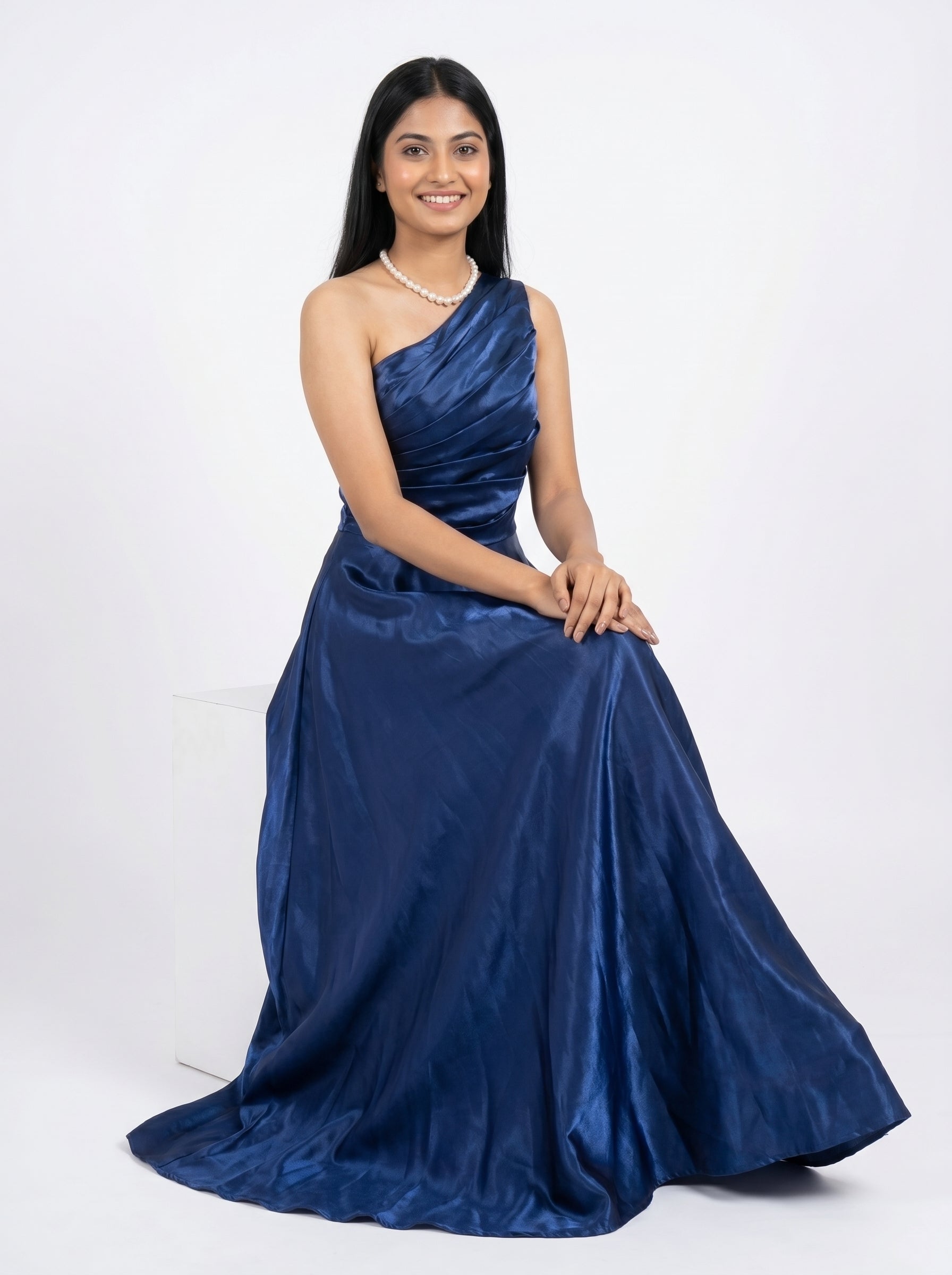 Royal Blue One-Shoulder Satin Evening Gown