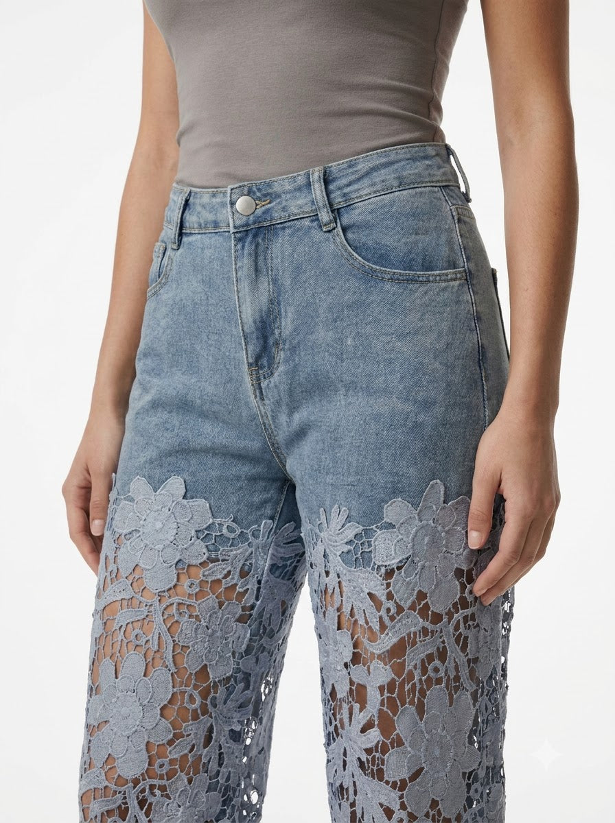 Floral Lace Cut-Out Straight-Leg Denim Trousers