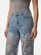 Floral Lace Cut-Out Straight-Leg Denim Trousers