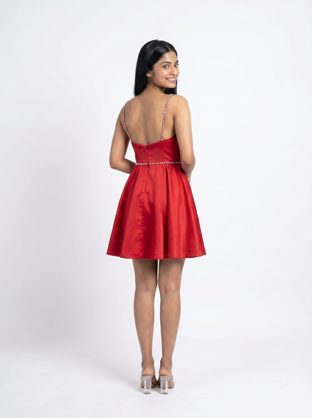 Red Satin Embellished Fit & Flare Mini Dress for Women - Grlboss Fashion Store