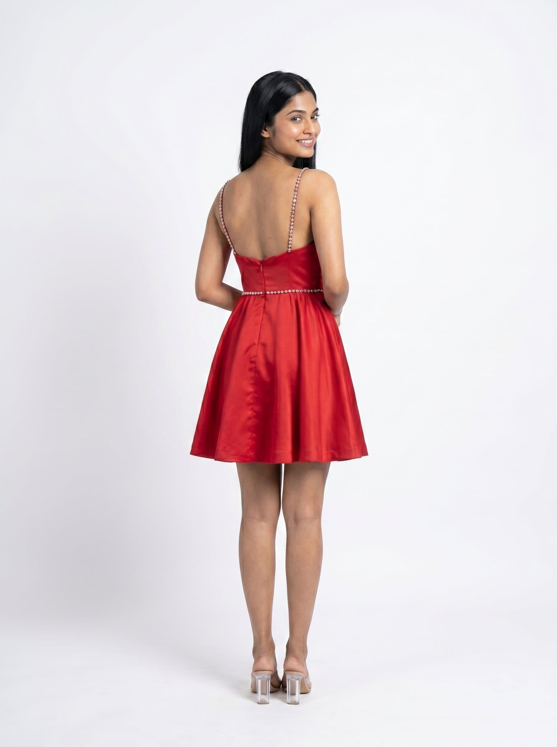 Red Satin Embellished Fit & Flare Mini Dress for Women - Grlboss Fashion Store