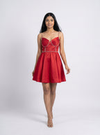 Red Satin Embellished Fit & Flare Mini Dress for Women - Grlboss Fashion Store