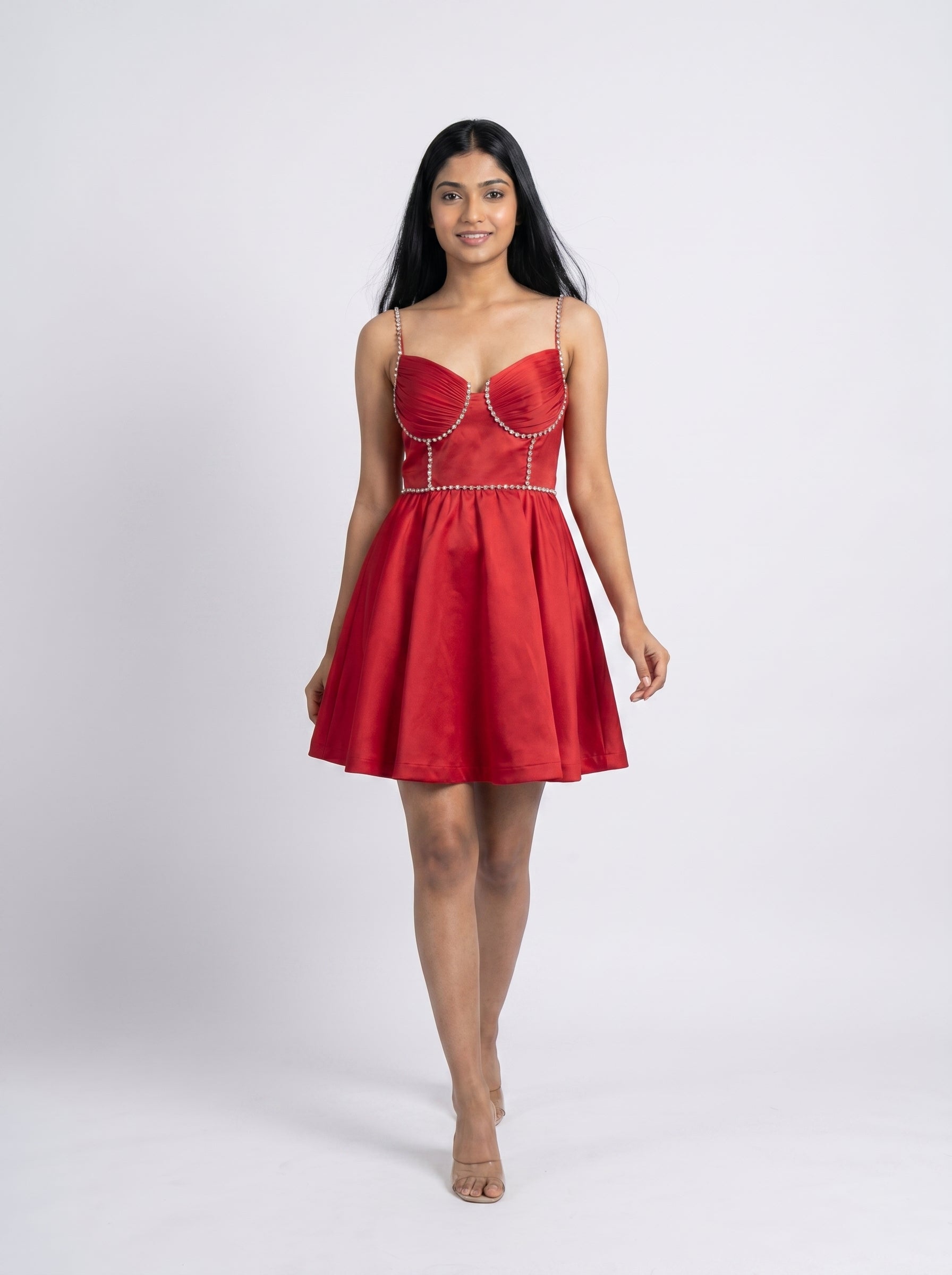 Red Satin Embellished Fit & Flare Mini Dress for Women - Grlboss Fashion Store