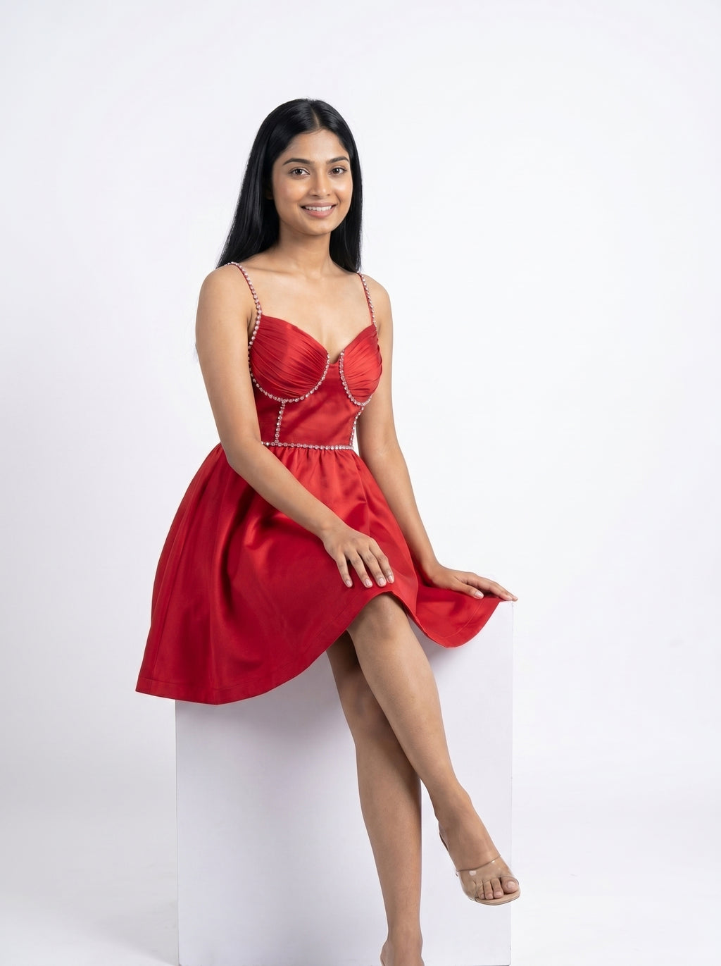 Red Satin Embellished Fit & Flare Mini Dress for Women - Grlboss Fashion Store