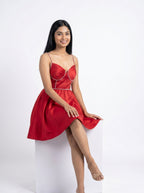 Red Satin Embellished Fit & Flare Mini Dress for Women - Grlboss Fashion Store