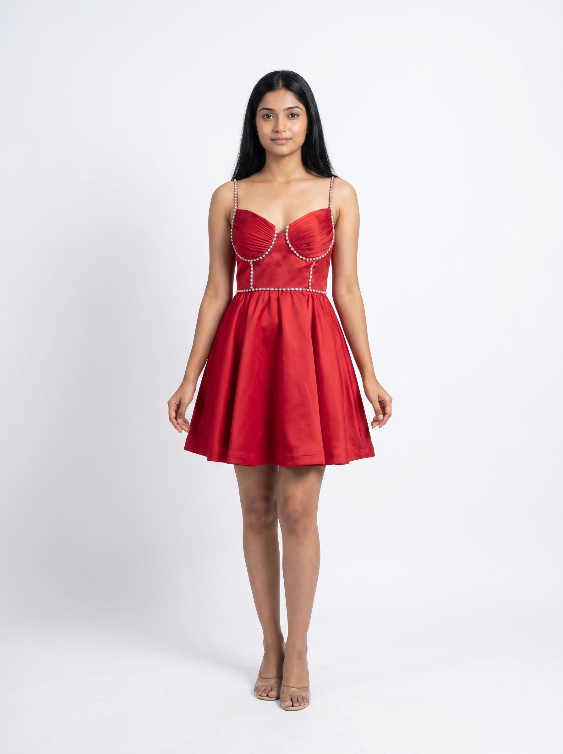 Red Satin Embellished Fit & Flare Mini Dress for Women - Grlboss Fashion Store