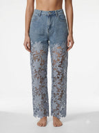 Floral Lace Cut-Out Straight-Leg Denim Trousers