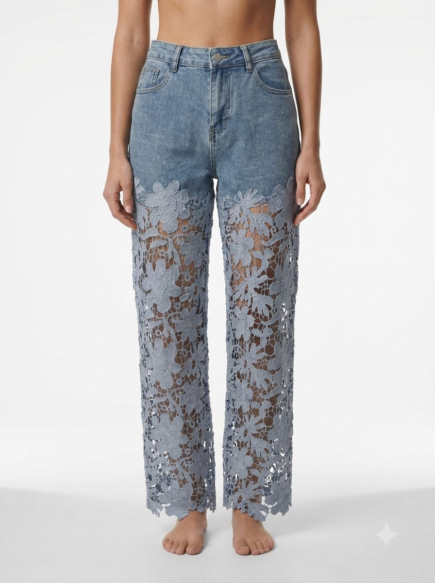 Floral Lace Cut-Out Straight-Leg Denim Trousers