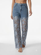 Floral Lace Cut-Out Straight-Leg Denim Trousers